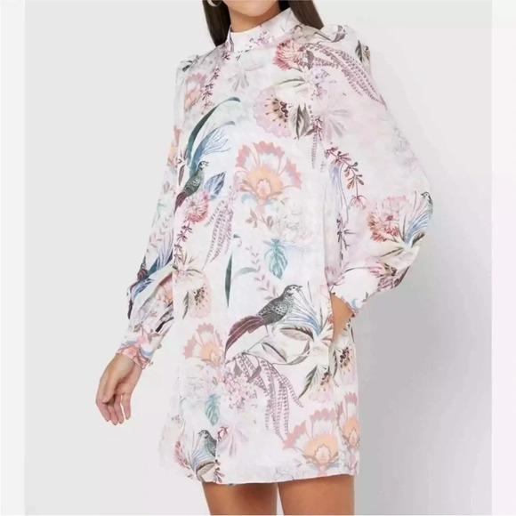 Ted Baker Decadence Shift Mini Dress Floral Long Sleeve Mock Neck Pockets US 6 2 - Picture 2 of 8